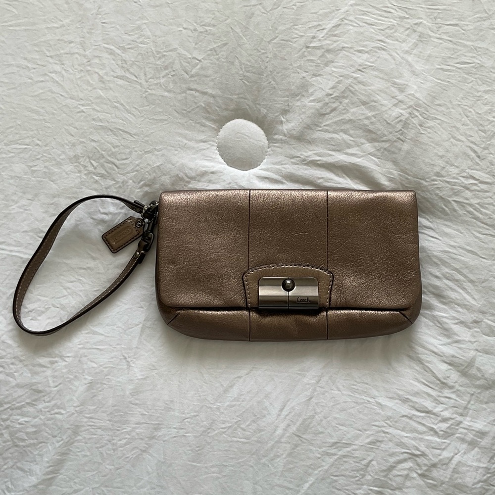 Coach Kristin Clutch Pewter Metallic Leather Flap Purse emerald green interior